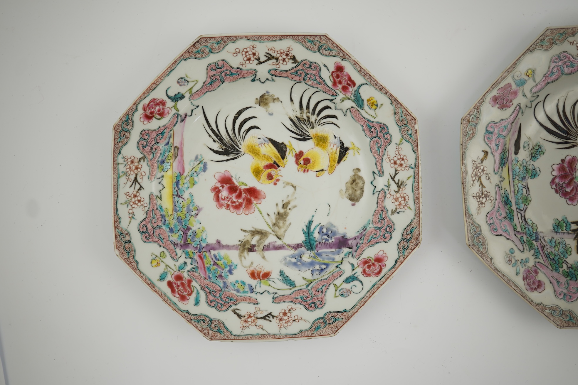 A pair of Chinese famille rose ‘cockerel’ octagonal plates, Yongzheng period